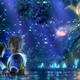 Image of Final Fantasy X characters, Tidus and Yuna, holding each other in a forest lake.
